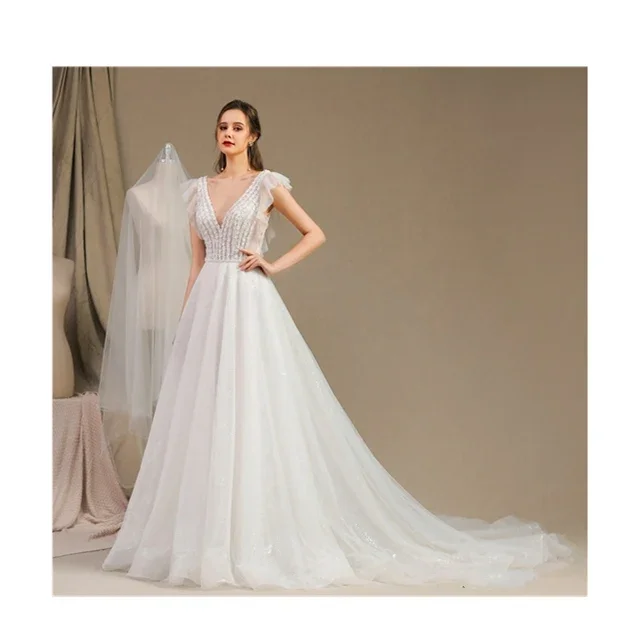 Flare sleeve V neck beading top wedding gowns dress bridal