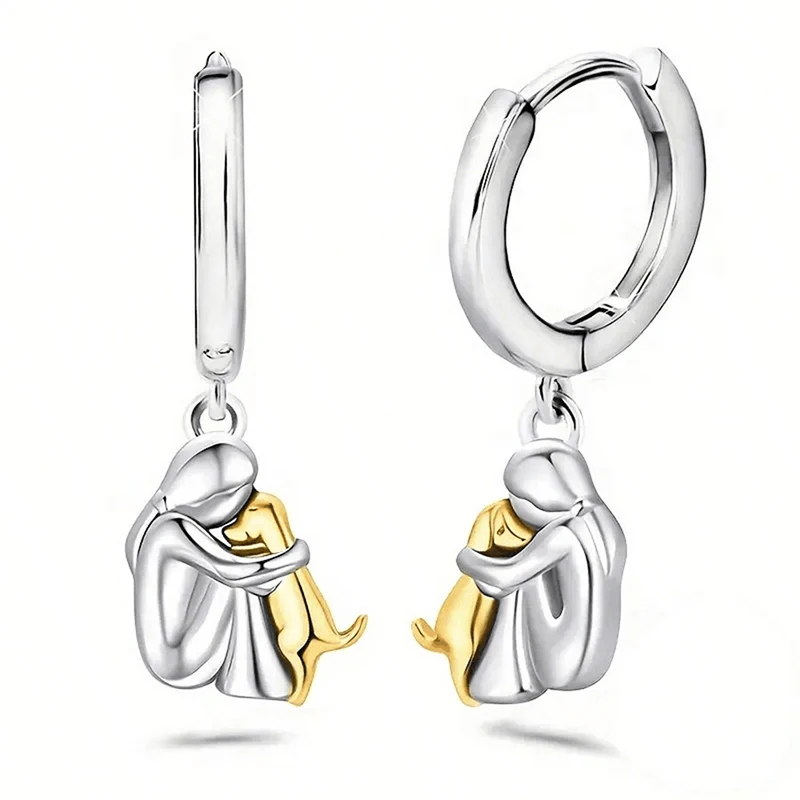 Mode zweifarbige Gold Silber Frauen und Hund Anhänger Ohrringe Edelstahl kleine Creolen Tierschmuck