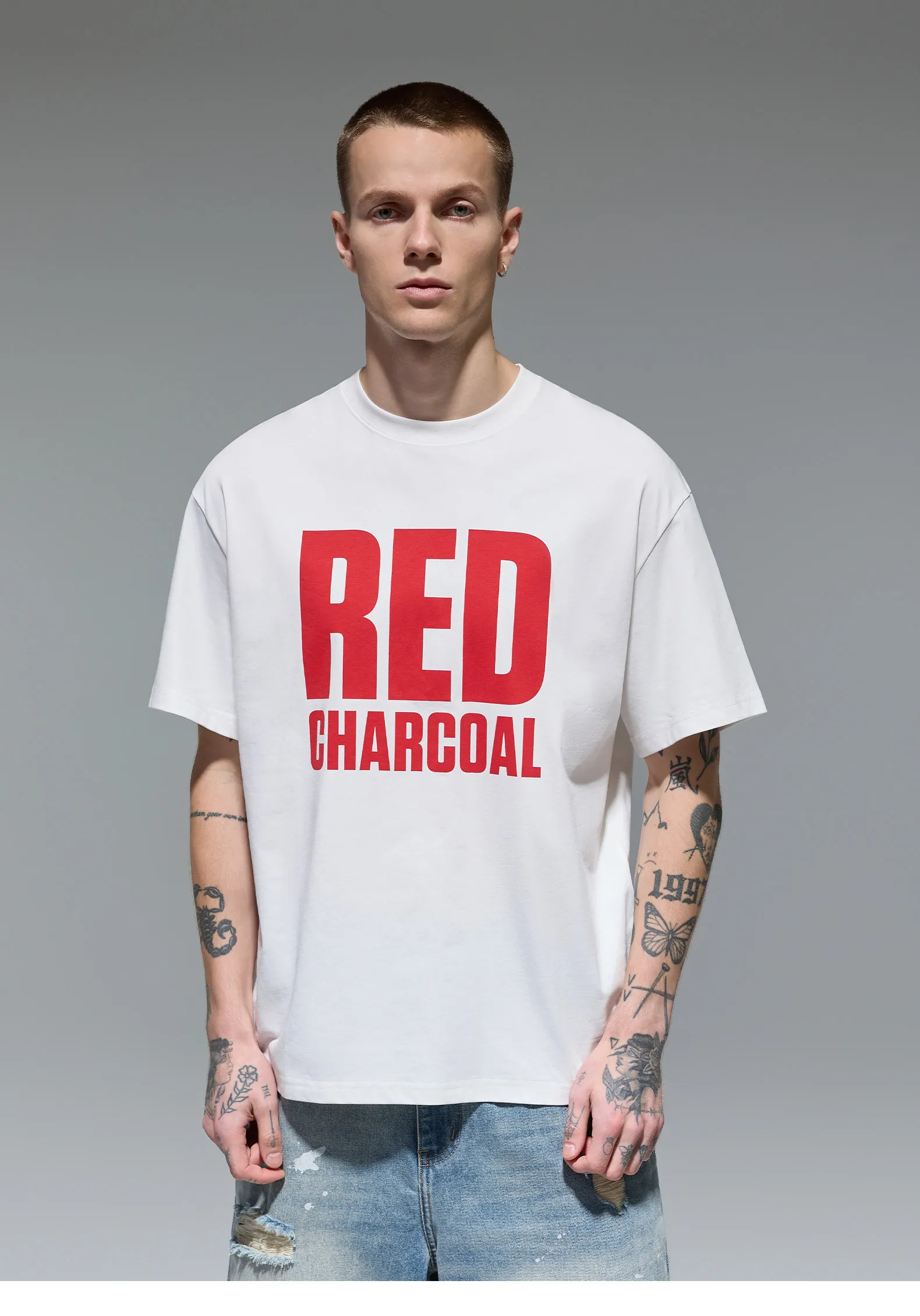 REDCHARCOAL White Text Basic Style Short-Sleeve T-Shirt for Men - Summer Loose Fit Cool-Feel Quick-Dry Half-Sleeve