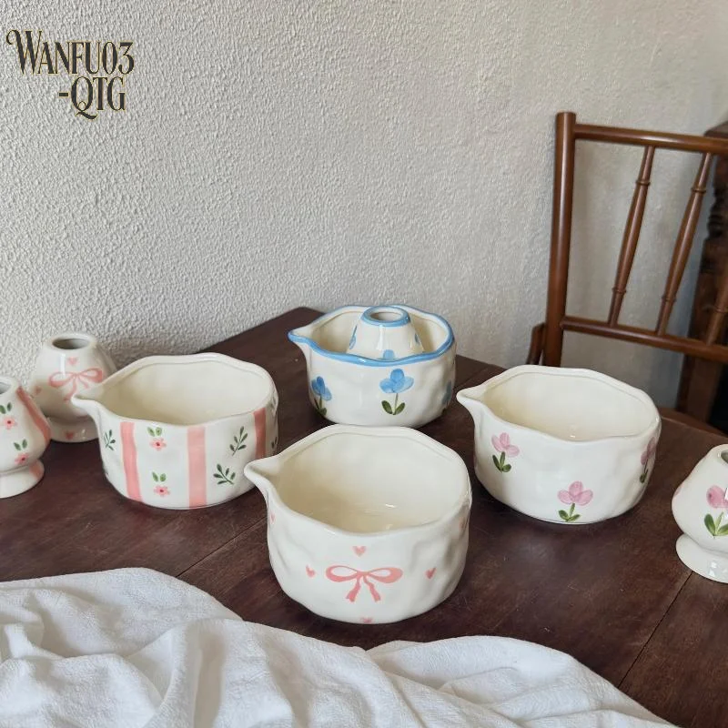 Hot 2Pcs Matcha Bowl Set 550ml Chawan Cherry Flowers Design Handmade Ceramic Heart Matcha Bowl Chaholder For Home Kitchen Use