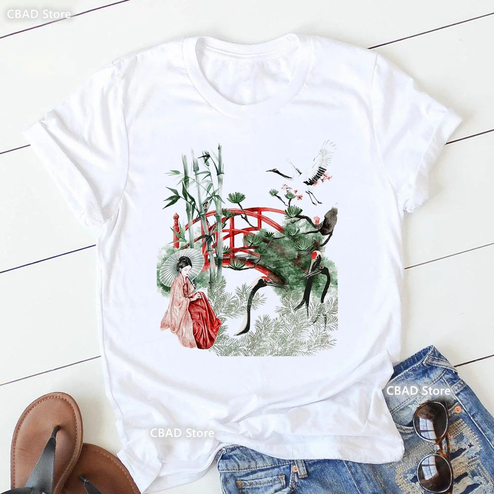 Red Crane Japanese Retro Vintage Art Print T Shirt Women Japanese Samurai Tshirt Femme Summer Fashion T-Shirt Female Streetwear