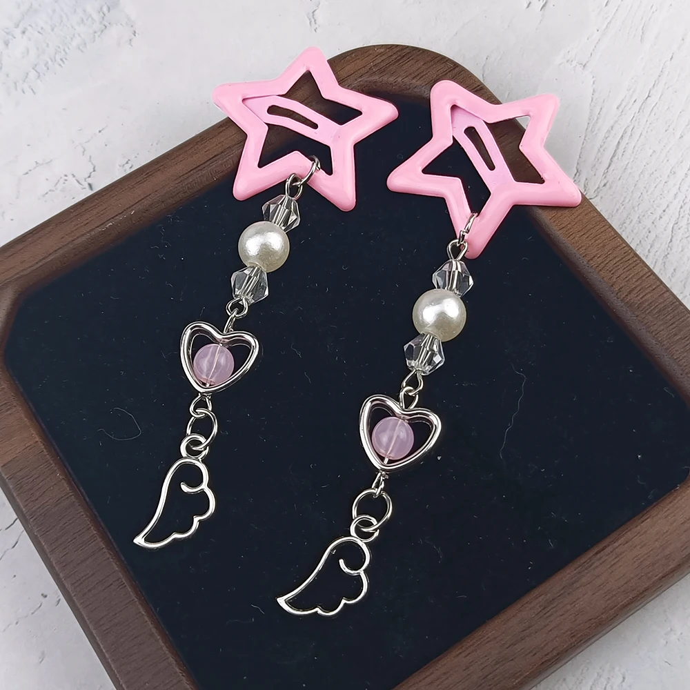 Y2k Cute Hollow Star Hair Barrettes Dangle Heart Wing Charms Pearl Tassel Hairpins Kawaii Lolita Cosplay Hair Accessory