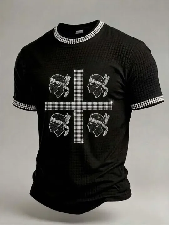Sardinia Quadrilateral Rhombus Beaded Short-Sleeved T-Shirt in WorblaFabric with Sardinia Cross-DesignPattern on theShort Sleeve