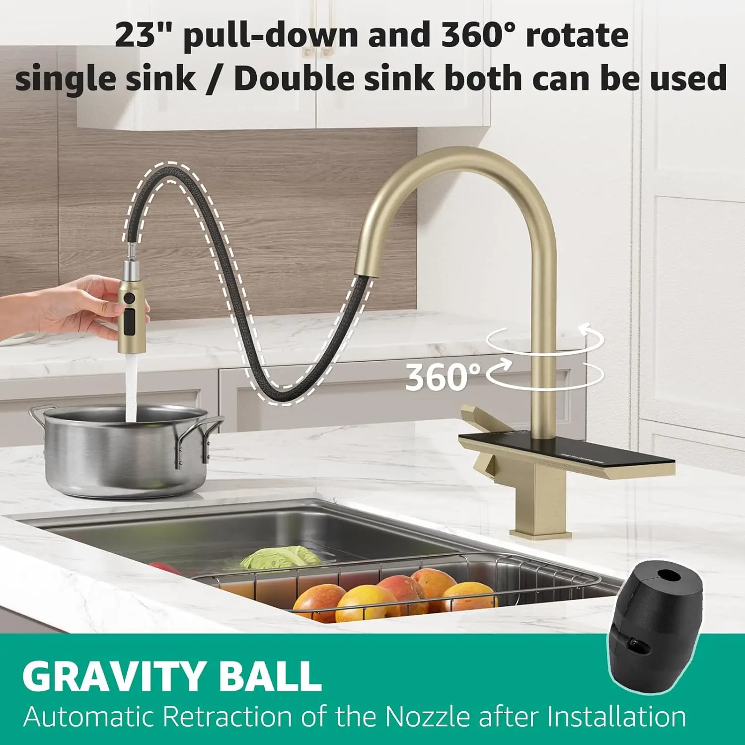 Waterfall Kitchen Faucet with Pull Down Magnetic Sprayer Brushed Gold,Stainless Steel,4 Functions,Single-Hole,Sigle-Han