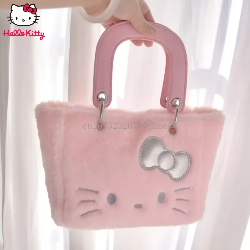 

Kawaii Plush Hello Kitty Tote Bag Women Soft Furry Fluffy Shoulder Bag Casual Large Capacity Handbag Cosmetic Bag Storage Bags