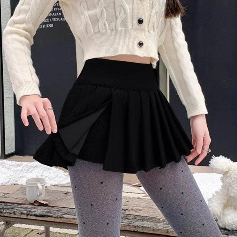 Women's Wool Pleated Skirts Low Waist Slit Side Black Mini Skirt Y2k Clothes Autumn Winter Girls Short Preppy Outfit Black Skirt