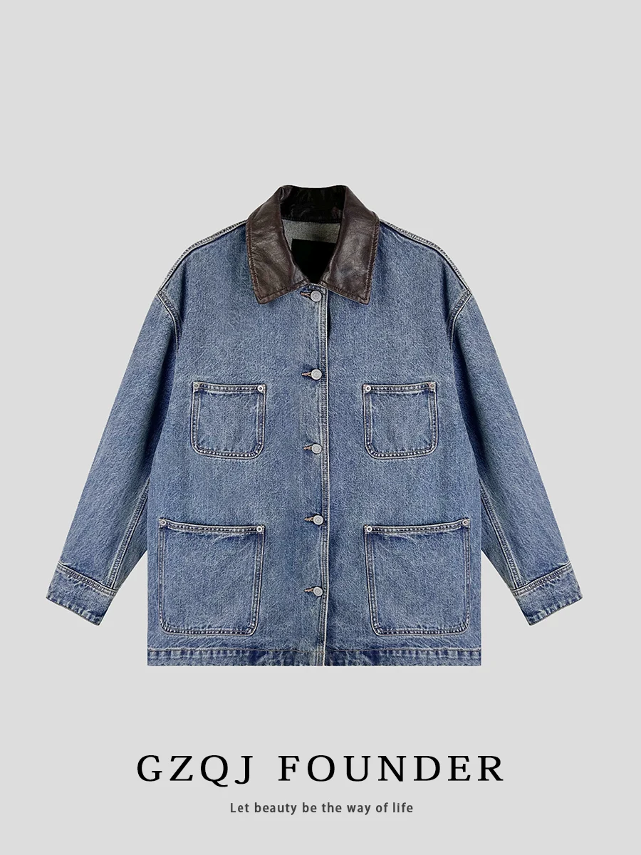 

Vintage Design Splice Lazy Sle Heavy Work Denim Jaet Women's GZQJ Straight Tube Cotton Polyester Regenerated Fiber