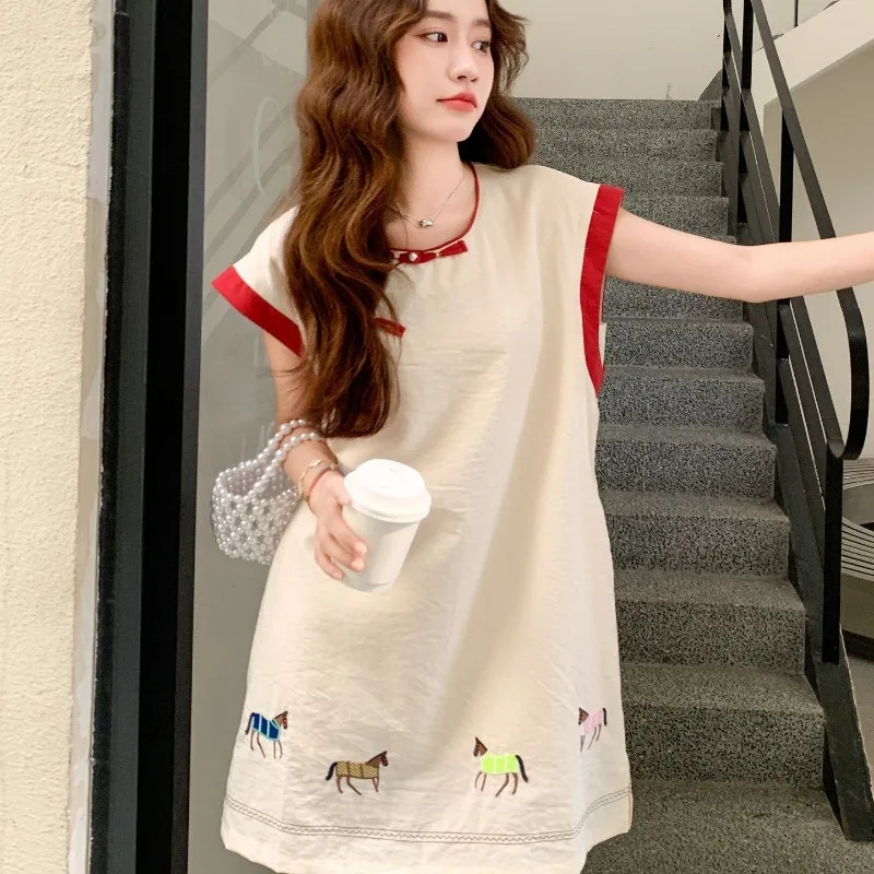 Women Clothing Summer Korean Fashion Loose Solid Color O-neck Female All-match Embroidered Appear Thin Sleeveless Tank Top Dress