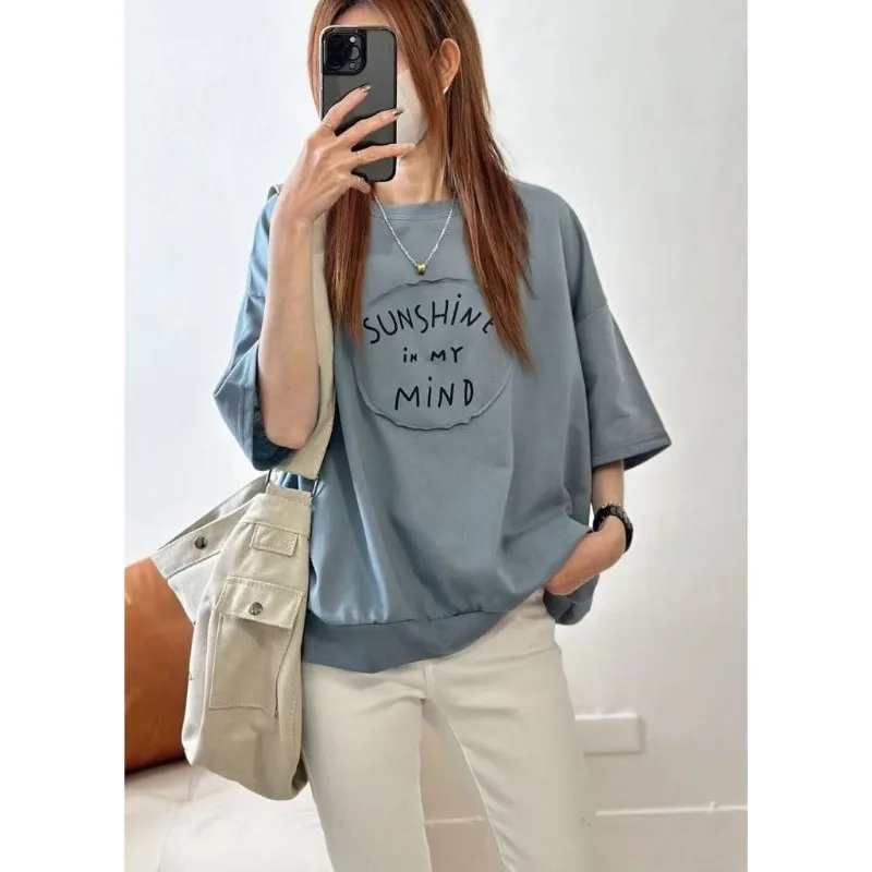New Middle-aged Women Loose Top Ladies Casual Smooth T-Shirt Slightly Chubby Adult Plus Size T-Shirt Aunt Pure Cotton Top Letter