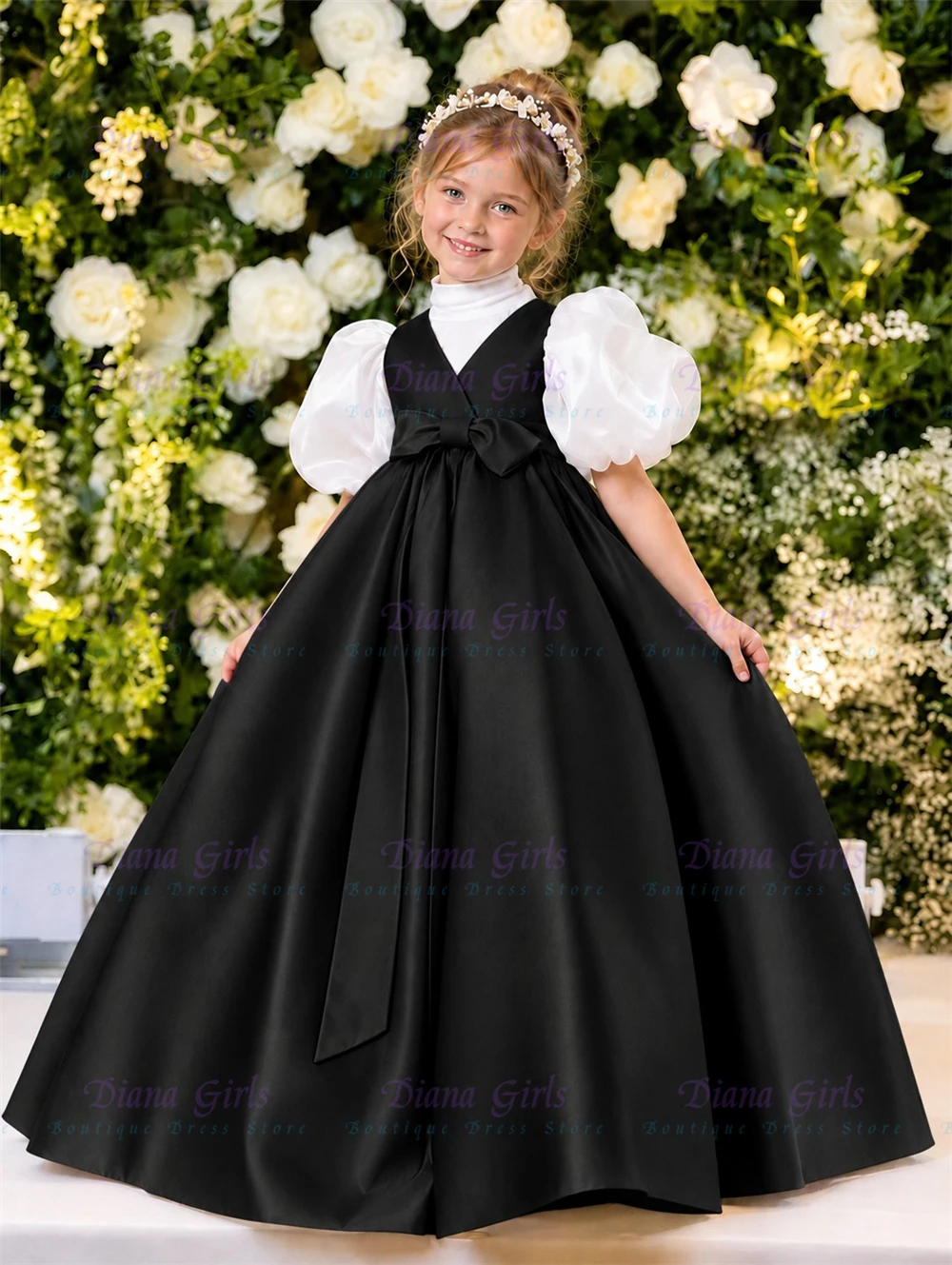 Elegant Black Satin Flower Girl Dress with Puff Sleeves & Bow for Little Girls Wedding Birthday Party First Communion Gowns