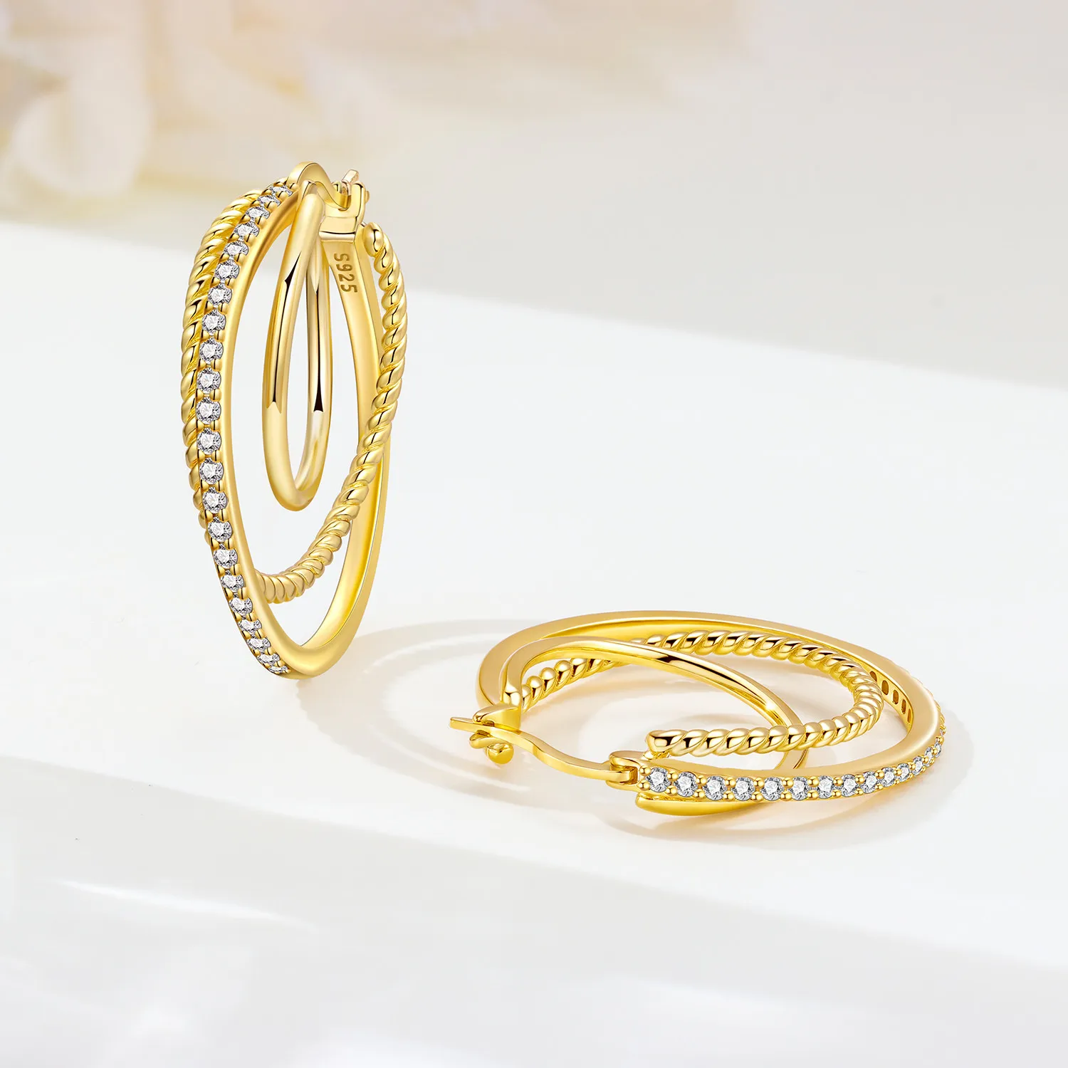 

PANPOKI S925 Sterling Silver 18k Gold French 3-Ring Earrings Hoop Earrings For Women Jewelry Original Trendy Anniversary Gifts