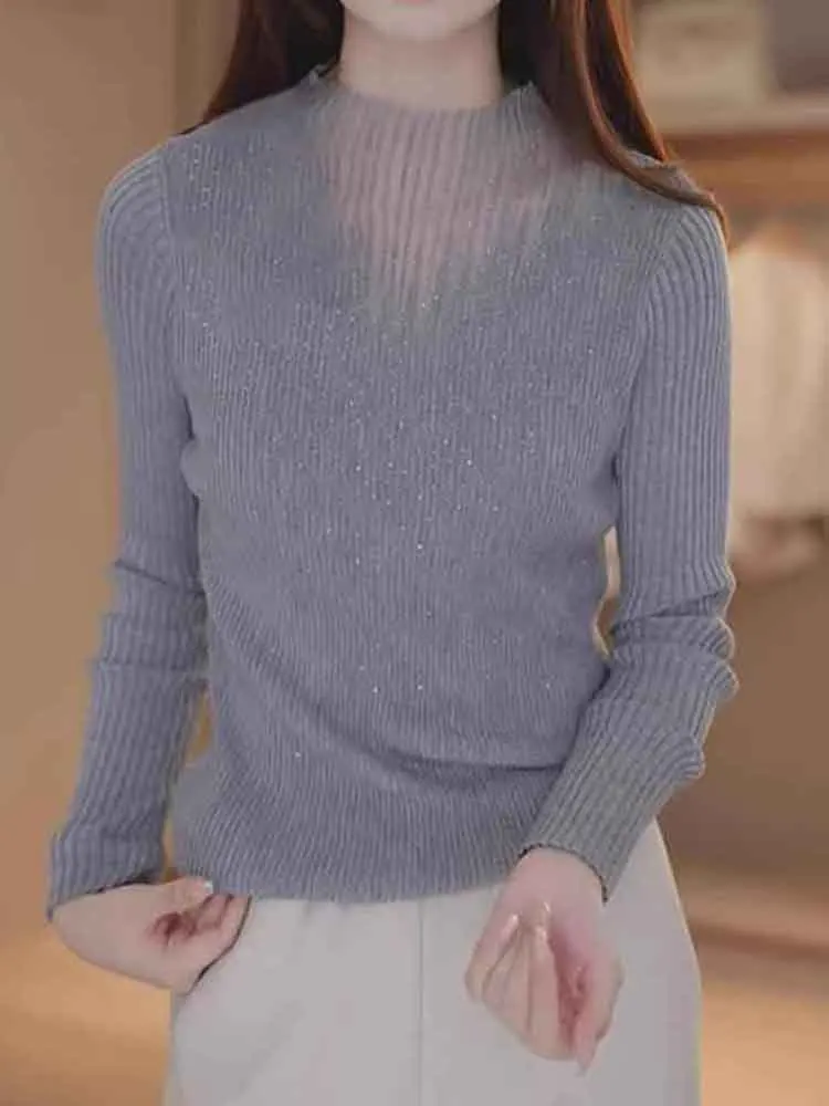 

Comfortable Diamond Design Long Sve Hollow out Knitted Base irt Women's Slim Fit Overhead Top Faionable Versatile Base...