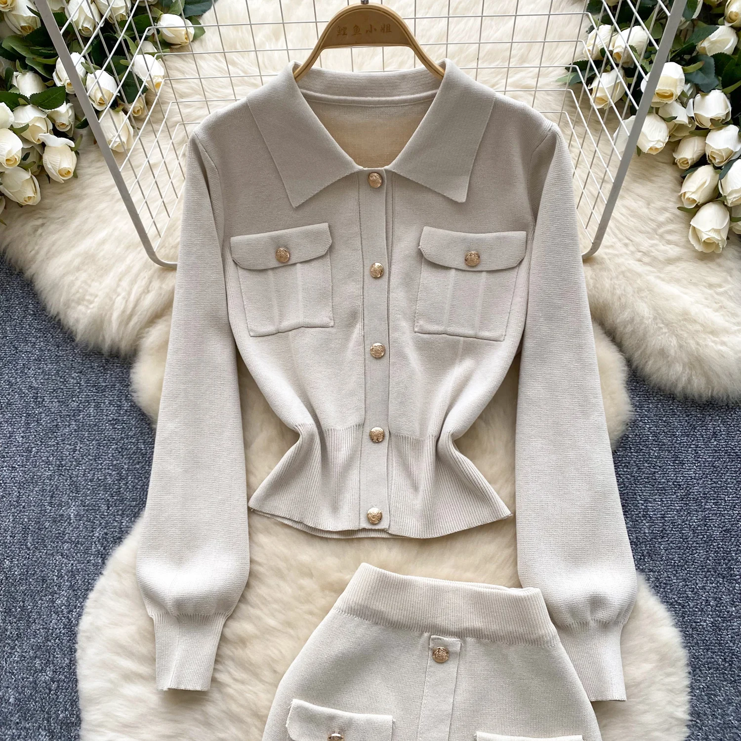 Metal Buckle Lapel Knitted Cardigan Sweater Suits+High Waist Solid Half Skirt Set Autumn Winter Street Women Two Pieces Suit