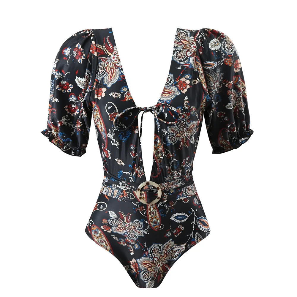 Bañador estampado con escote en V profundo para mujer, traje de baño de una pieza con cuello Halter, ropa de playa para verano, 2024