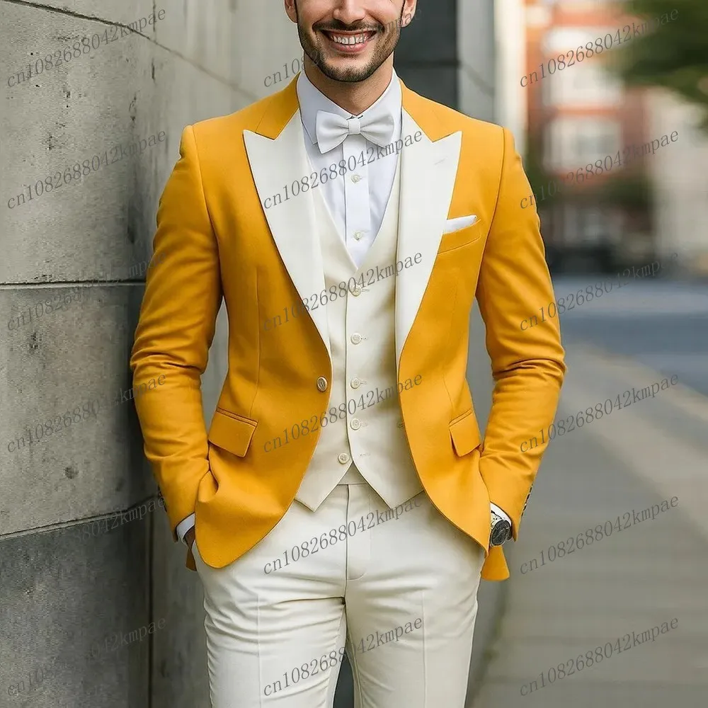 

New Yellow And Ivory Formal Men Suit Groom Groomsman Wedding Party Prom Business Male Tuxedos 3 Piece Set Blazer Vest Pants