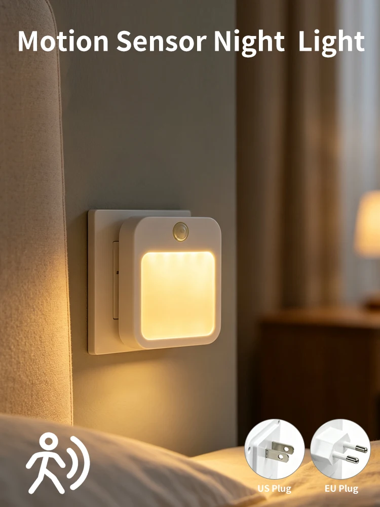 LED Night Lights With Motion Sensor EU US Plug In Dimmable Bedside Night Lamp for Hallway Bedroom Stairs Kitchen Room Decoration