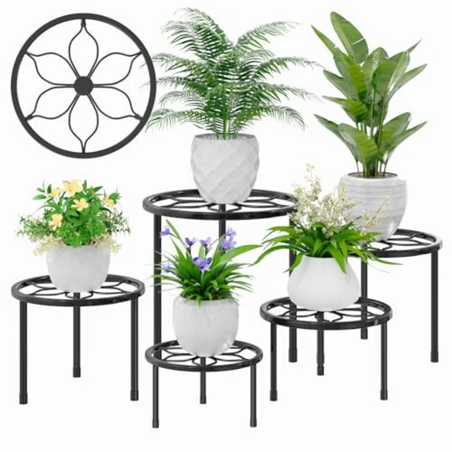 

Metal Plant Stands Set of 5 Multiple Heavy Duty Flower Pot Stand Round Plant Holder Black