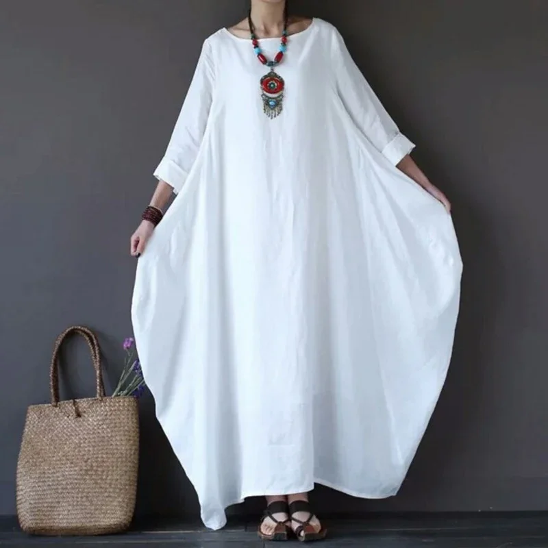Vestido de mujer de manga larga, vestidos largos sueltos de algodón para mujer, blanco, negro, rojo, Vintage, vestidos informales de algodón, novedad de 2025