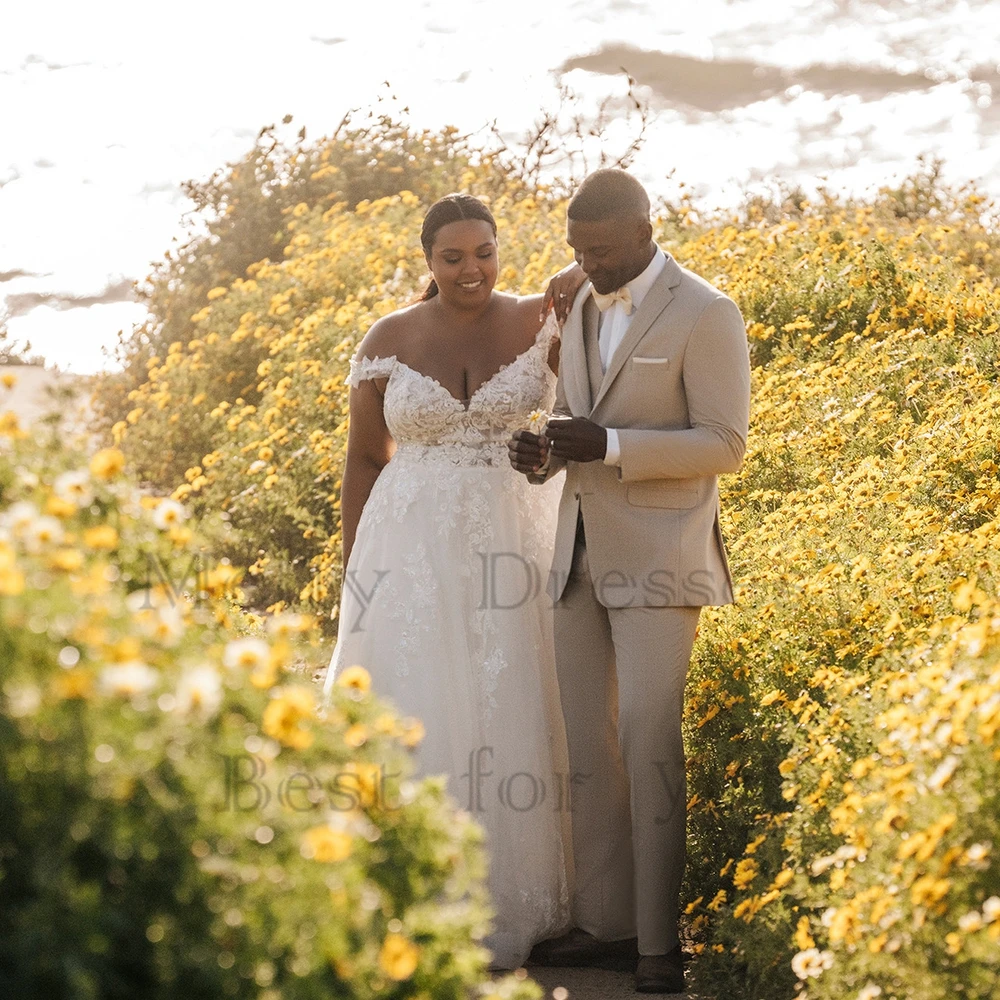 Vestidos de casamento fora do ombro com renda para mulheres, requintados vestidos de noiva grandes, tule macio, plus size, 2025, 2024