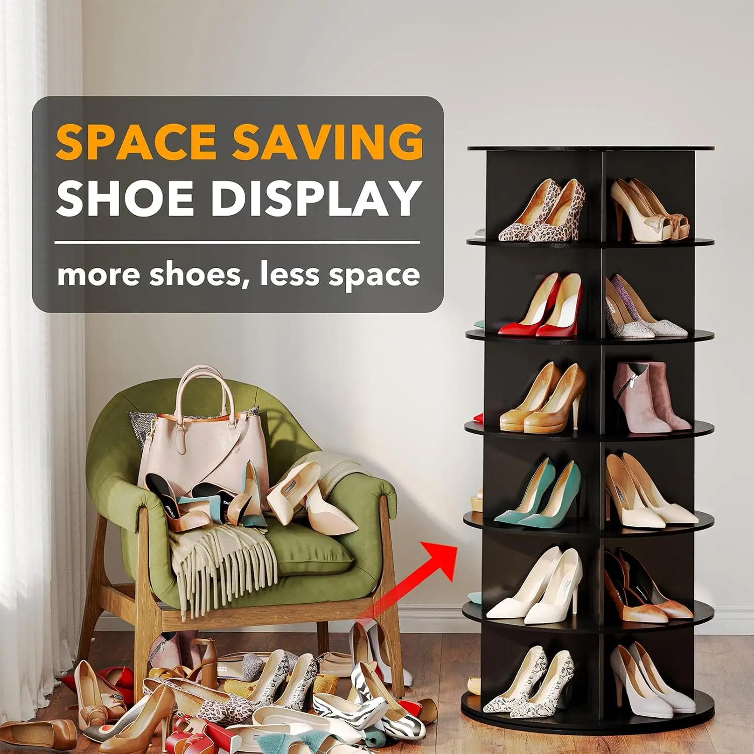 Black 6-Tier Spinning Rotating Shoe Rack Organizer, Shoe Display Tower Lazy Susan, Revolving Shoes Rack StorageOrganization