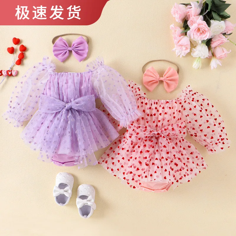 

Children's Clothing Spring and Autumn Newborn Girl Baby Heart Mesh Romper with Headwear Set