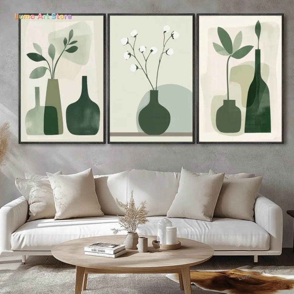 2D Flat, Set of 3 Frameless Canvas Painting Featuring A Minimalist Green Vase Botanical Theme | Modern Nordic Style