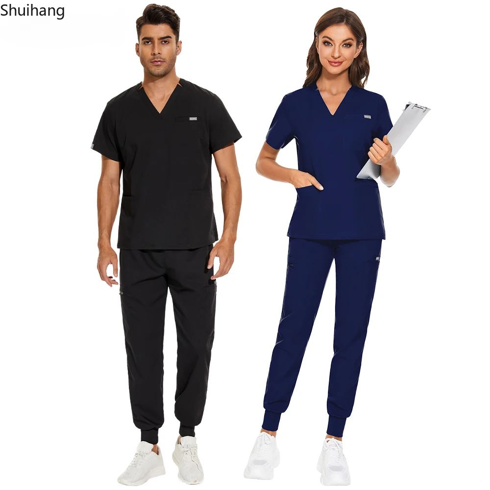 Unisex uniformes médicos para homens, enfermeira esfrega conjuntos, uniforme de enfermagem, roupas de trabalho, tops e calças, unisex, dentista