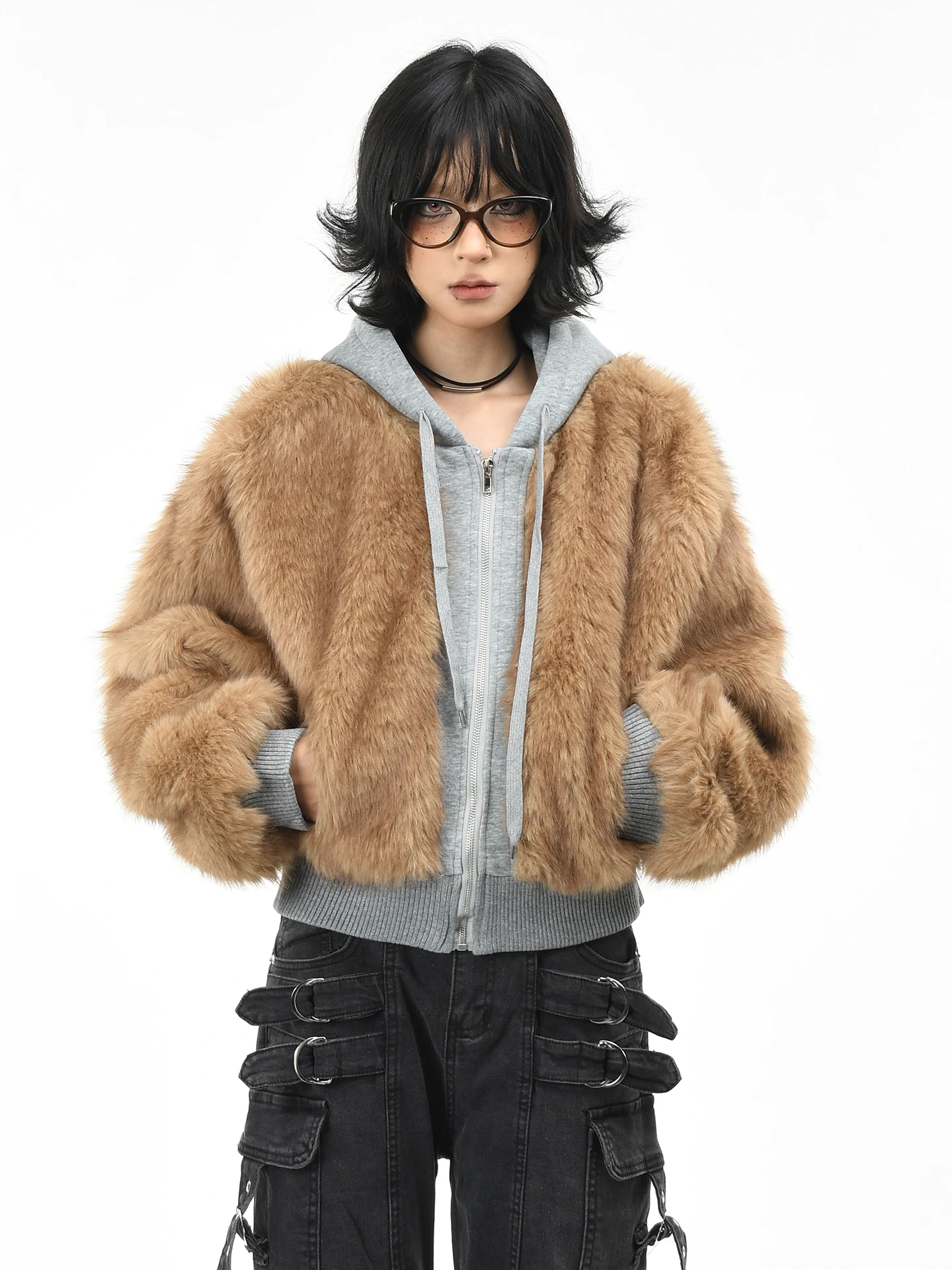 

OV Original American Sle Thiened Faux Fur Hooded ort Jaet Women's Winter Loose Fit Warm Coat Polyester Fabric Zipper ...