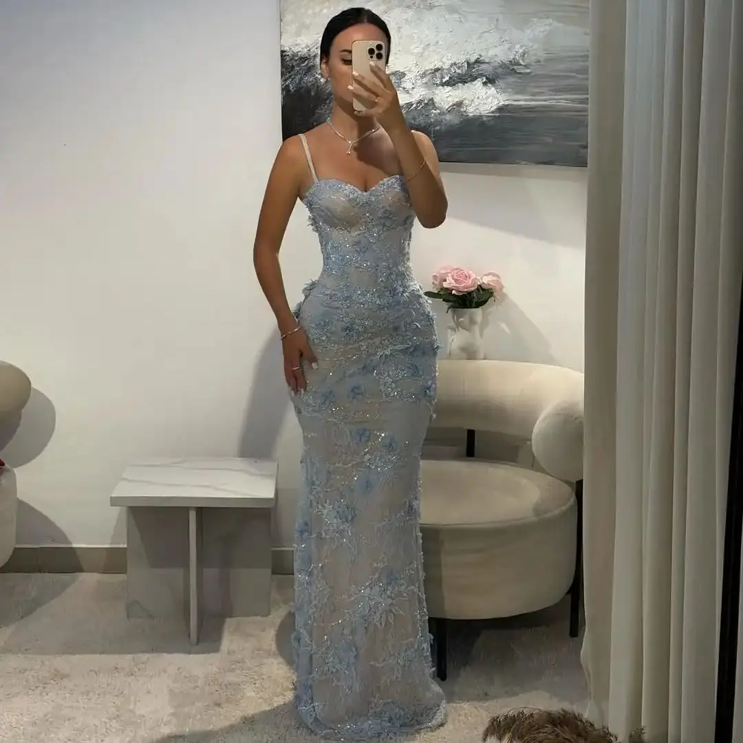 

Ofherown Elegant Light Blue Lace Appliques Sequin Mermaid Prom Dresses Spaghetti Straps Sweetheart Formal Evening Gown for Women