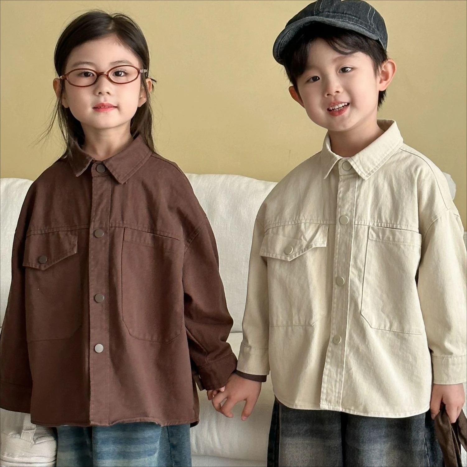 

Shirt 2025 Autumn New Children's Clothing Korean Style Boys and Girls Fashion Overalls Shirt Jacket Casual Simple All Match