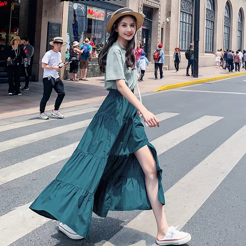 أزياء ربيع الخريف القطن الكتان التنانير ماكسي، أزياء الشارع ارتداء عدم التماثل كشكش تنورة بالإضافة إلى حجم تنورة أسود أبيض أحمر #6