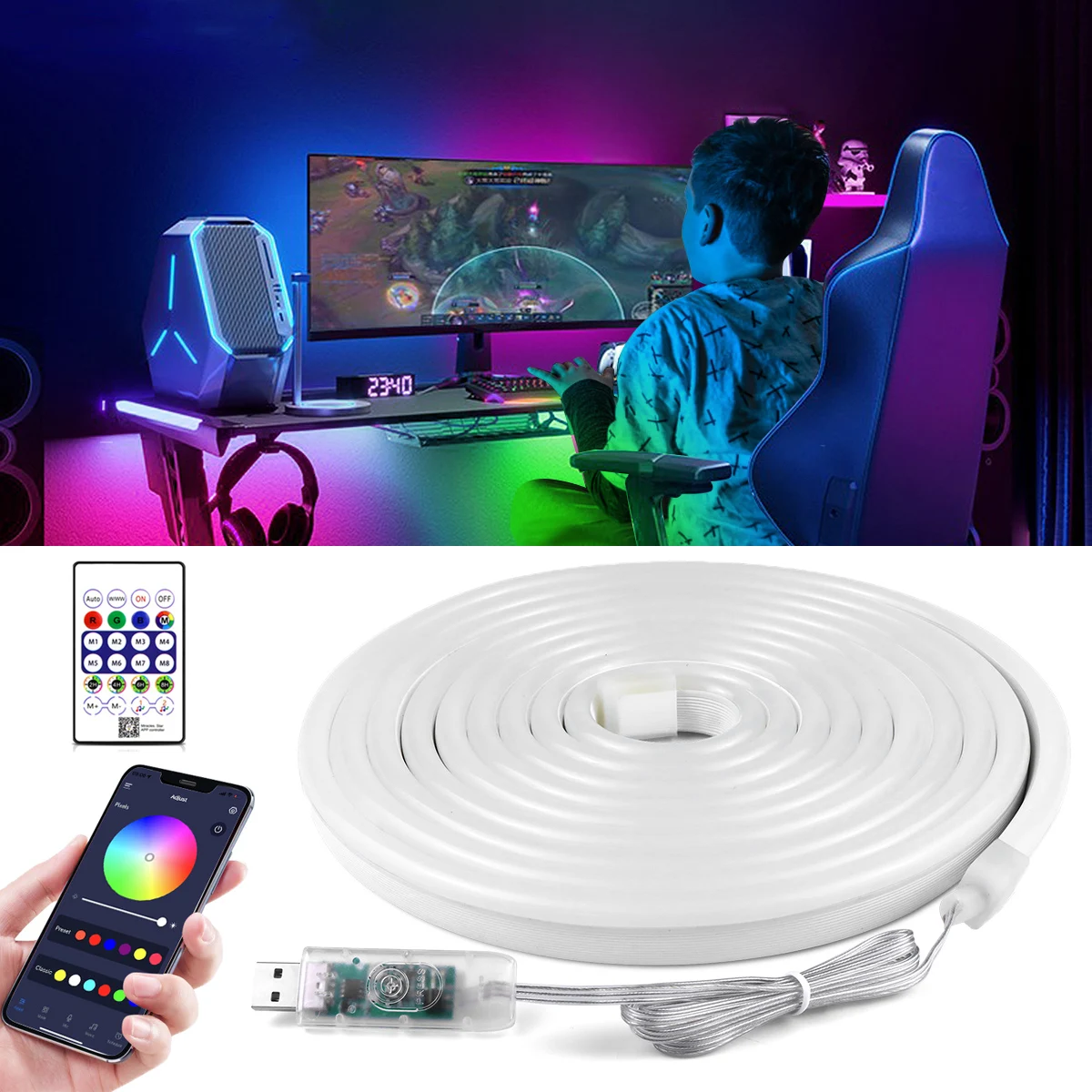 

WS2812 LED Strip Esports Room Atmosphere Lights Bluetooth RGBIC Addressable Cool Neon Tape USB Port for PC Backlight Render Deco
