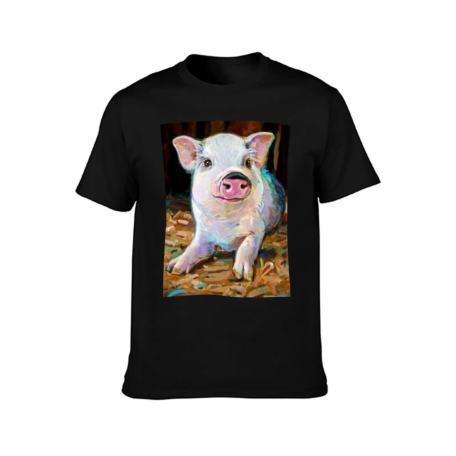 Cute Farm Pig in Barn Painting by Robert Phelps T-Shirt, Summer Casual Cotton Tee, Oversized Streetwear Tops, Unisex Men Women