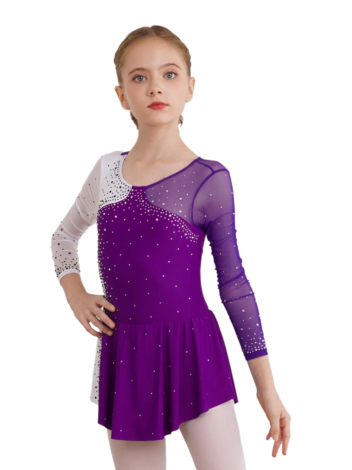 Kids Long Sleeve Shiny Rhinestone Figure Skating Dress Ballet Gymnastics Dance Leotard Dress Elegant Girls' Ice Skating Clothes