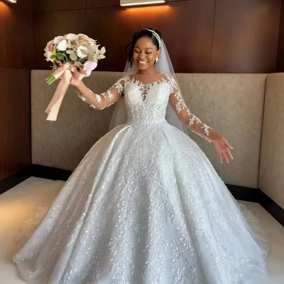 Luxury Lace Long Sleeve Ball Dress Wedding Dress Sparkling Tulle Cathedral Train Plus Size African Bride Dress Customized