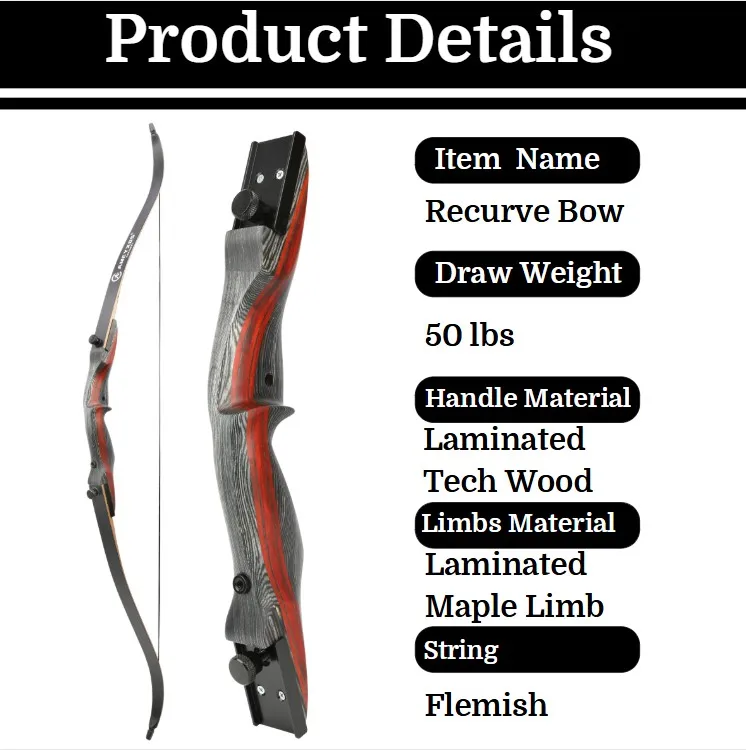 50Ibs Archery Recurve Bow Set Laminated Maple Limbs 28inch Draw Length for Hunting 6 Arrows Hunting Shooting Outdoor Sports