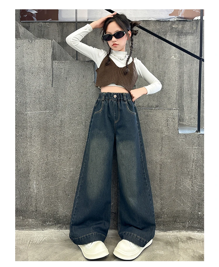 Modische High-Waist-Jeans mit weitem Bein für Teenager-Mädchen, Streetwear, lockere Denim-Hose, gewaschene dunkelblaue Jeans, Hose, Größe 5-14. – Detail 5