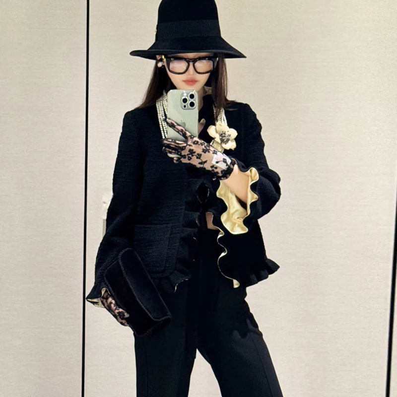 

Elegant Ladylike Woolen Coat with Button Detail Turned up Hem And Ruffle Collar Vintage Style Long Sleeve Office Wear for Women