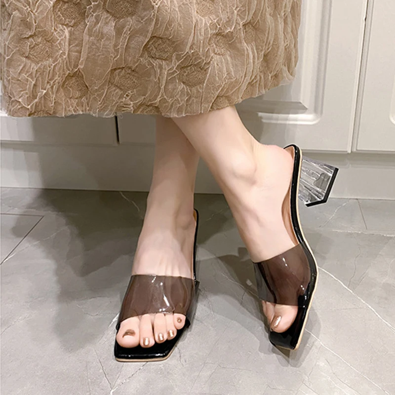 Oulylan Elegant Nude Pink PVC Transparent Mule Sandals Woman Crystal Heel Slides Ladies Square Toe Silver Slipper Shoes