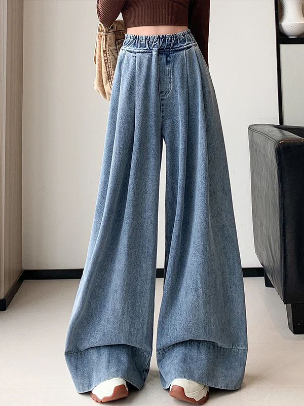 بنطلون جينز واسع الساقين للنساء - تنورة طويلة بخصر مرتفع - ستايل كاجوال - قماش دينيم أزرق - تأثير نحت الجسم - ربيع 2025