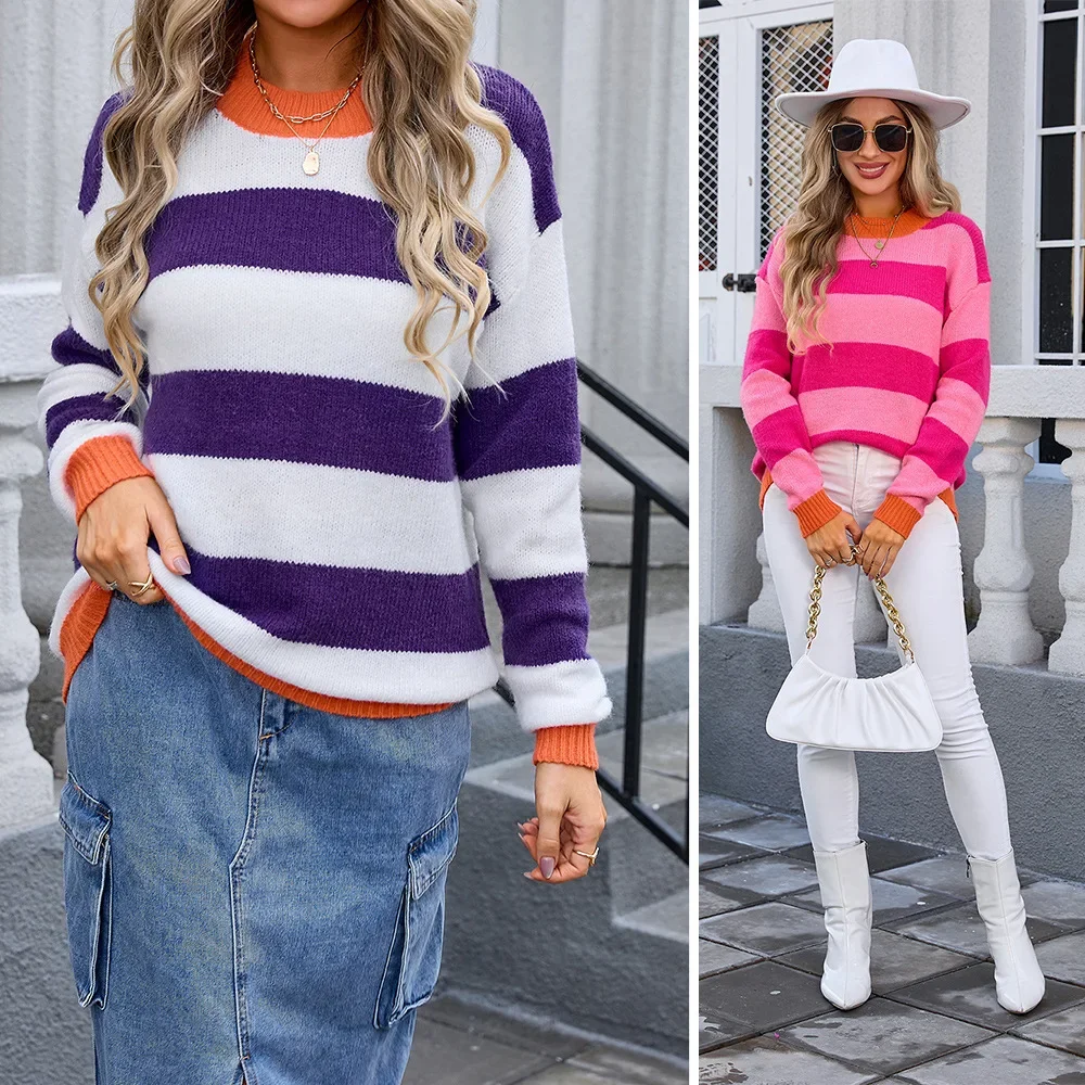 

Spliced Knitted Striped Long Sleeve O Neck Jumpers Slight Strech Loose Sweater High Street Pullovers Autumn Women Clothing