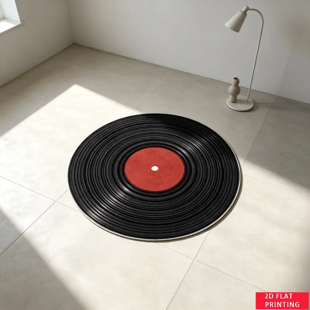 Vintage Vinyl Record Black Groove Red Label Round Carpet For Music Themed Room Or Studio With Retro Audio Disc Printed Carpet