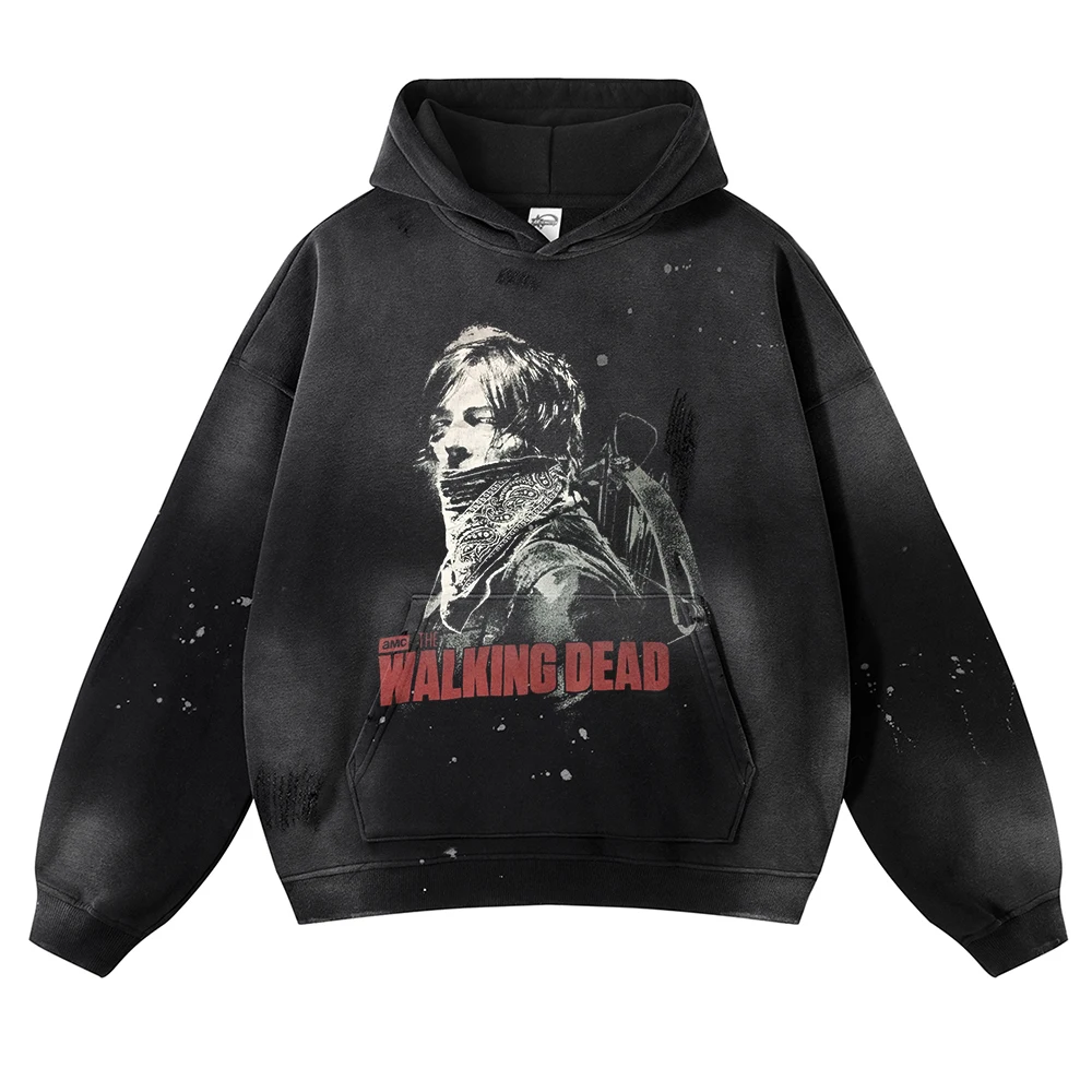 2023 Men's Vintage Wash Cotton Gradual Wear Hoodie Sweatshirt Walking Dead Pattern Printed Pullover Harajuku Speckle Y2K Unisex