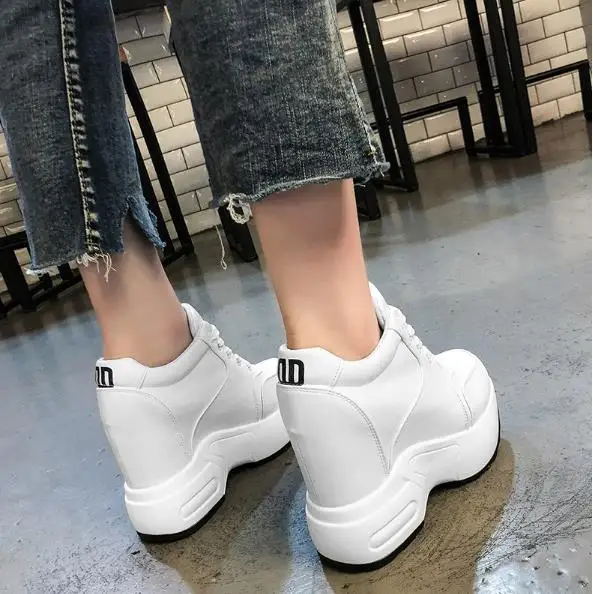 New Women\'s Ankle Boots Autumn Leather Chunky Shoes Woman Platform Height Increased Sneakers 10CM Thick Sole Wedges White Boots