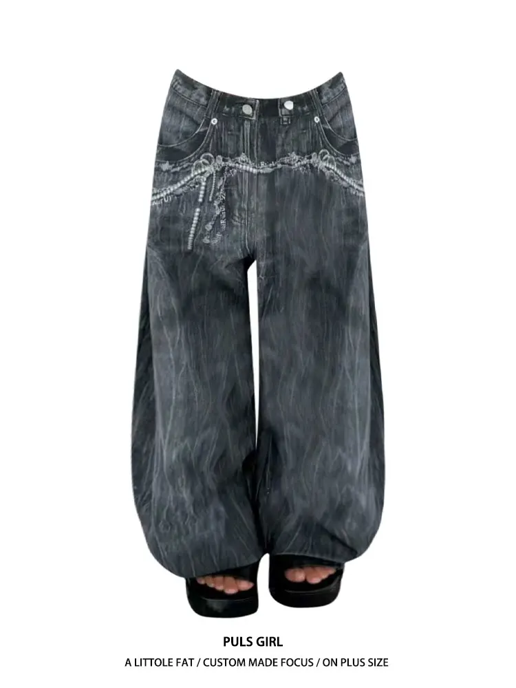 

Large Size American Street Style High Waist Wide Leg Jeans Women's Loose Drapey Print Washed Knife Denim Pants