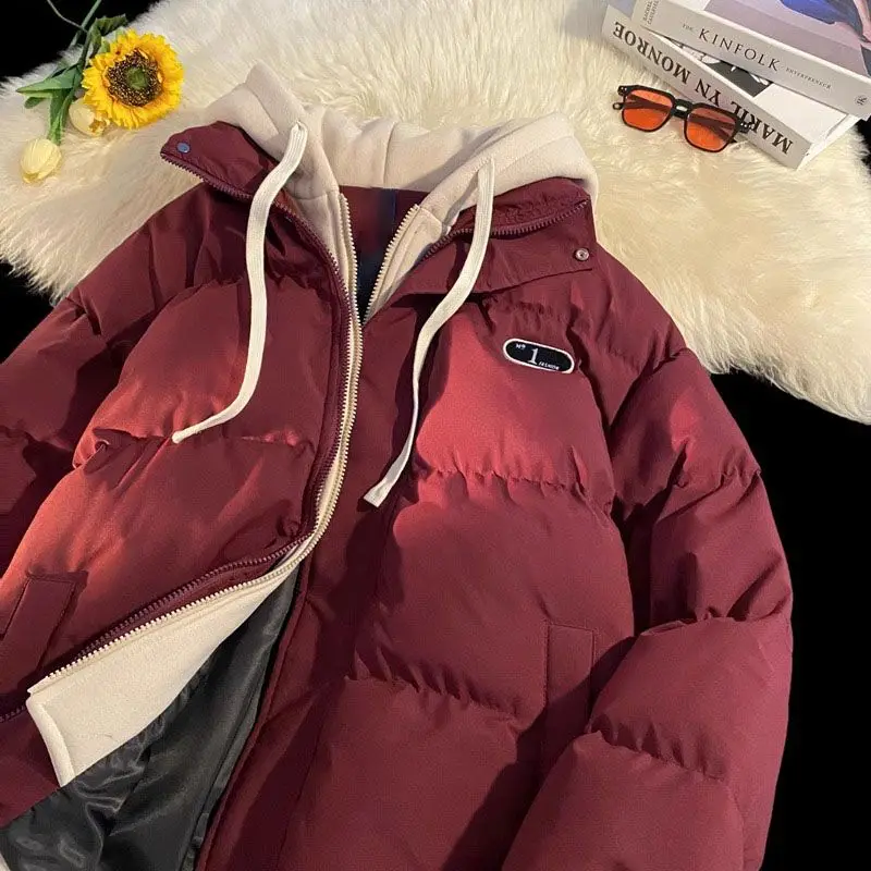 Dámská zahušťovací kapuce s falešnou dvoudílnou bavlněnou prošívanou kabátem podzim/zima zip kontrastní barevná bunda streetwear unisex svrchní oblečení - náhled 4