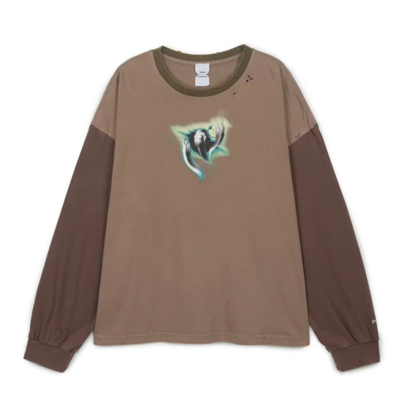 Vintage Contrasting Damaged Protocol Index Long Sleeved Autumn Casual Round Neck High-quality T-shirt