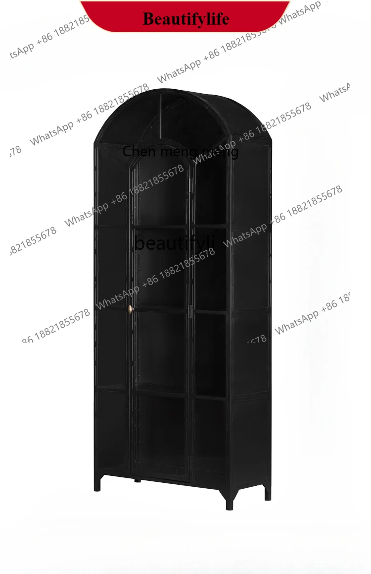 G153 American light luxury solid wood bookcase simple high-grade black arched display cabinet with glass door retro wine cabinet