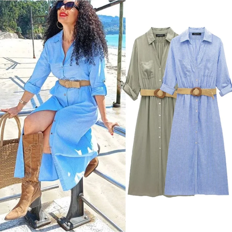 

【New style】Summer women's clothing linen belt shirt type long-sleeved shirt type waist belt pull-up sleeves draping dress