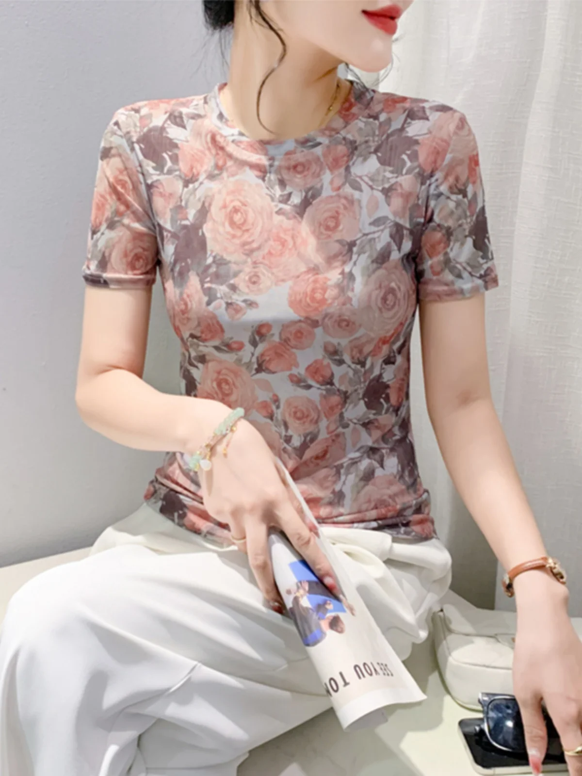 Retro Me T-Shirt Damen Ort Sve Summer Age-Defng Schöner Druck Slim Fit Vielseitiges rundes Ne Top Koreanisches Sle